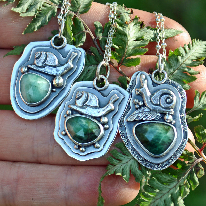 Garden Snail pendant, Emerald